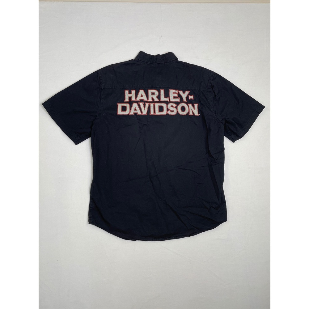 Harley-Davidson Mens Black Short Sleeve Button Up Shirt Graphic Logo Patches L - Picture 8 of 9